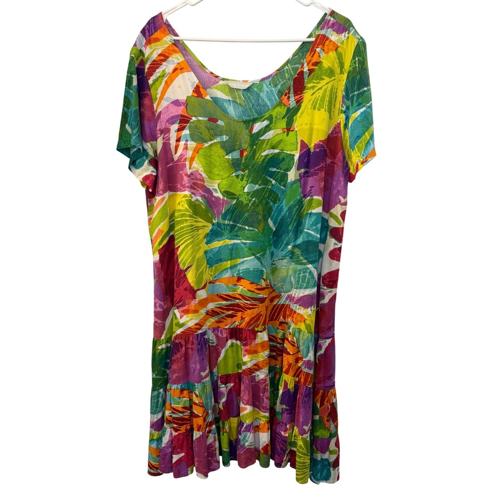 Jams World Luminous Tropical Leaf Tiered Rayon Dress XL Hawaii Multicolor